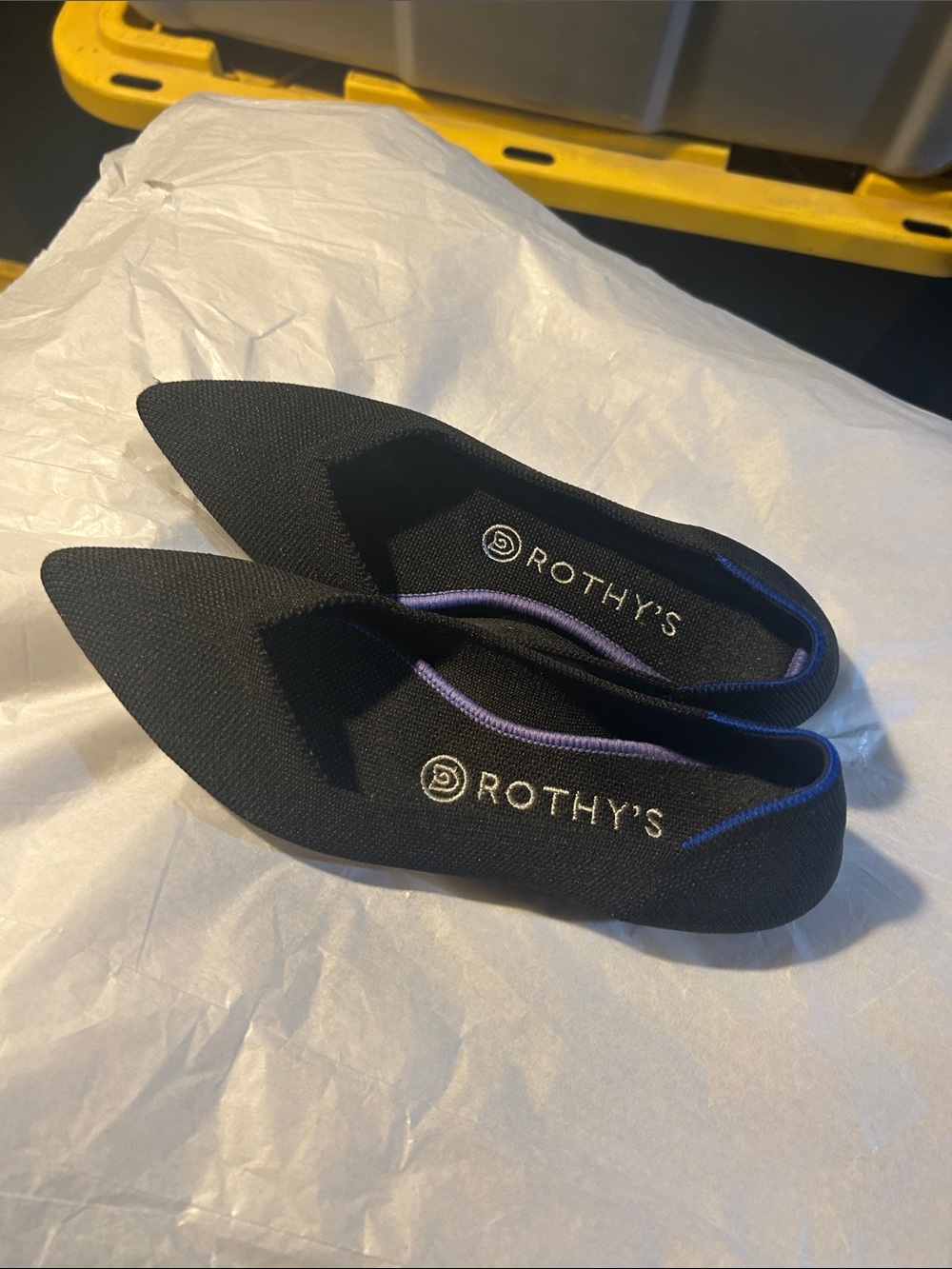 Rothy's Black Pointed Knit Flats with Purple Trim